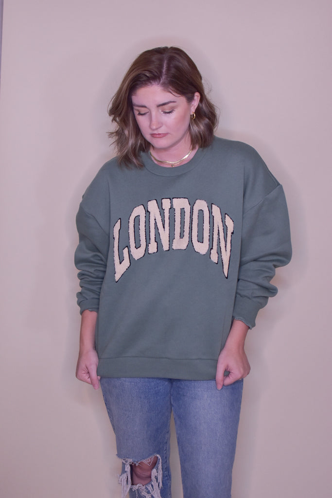 London Boucle Patch Letter Sweatshirt in Emerald