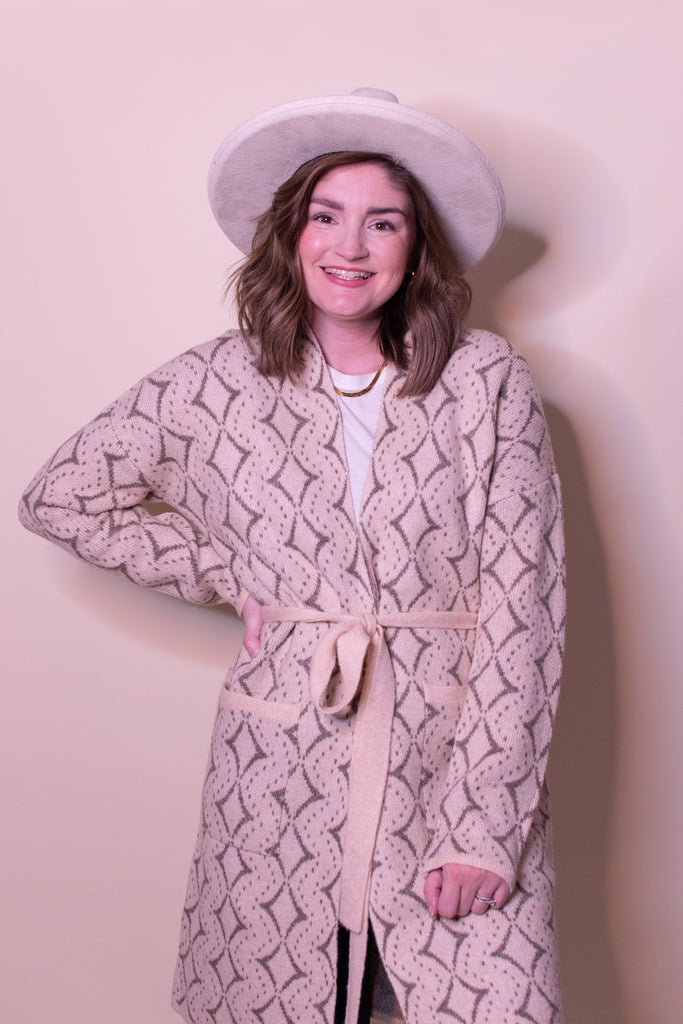 Western Diamond Jacquard Belted Cardigan