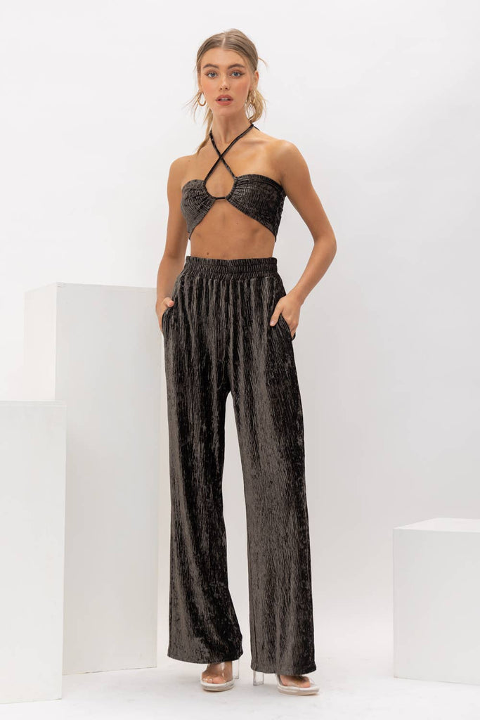 Crinkle Velvet Wide Leg Dress Pants